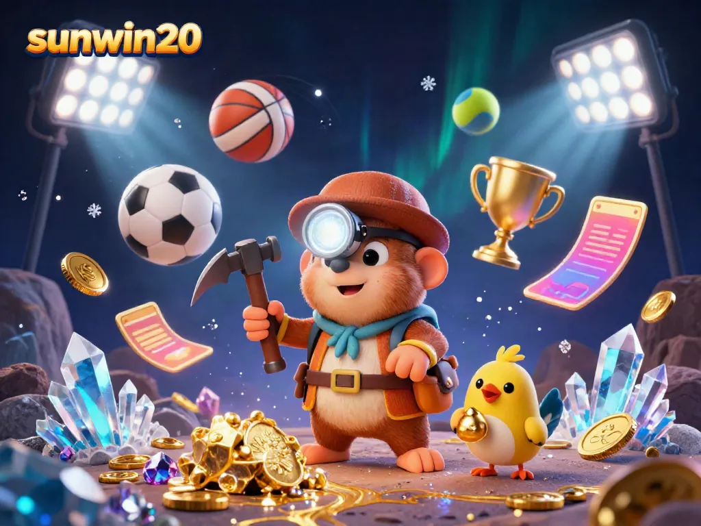 Experience the excitement of sunwin20 with the treasure hunter mole and sports elements in a vibrant casino scene.