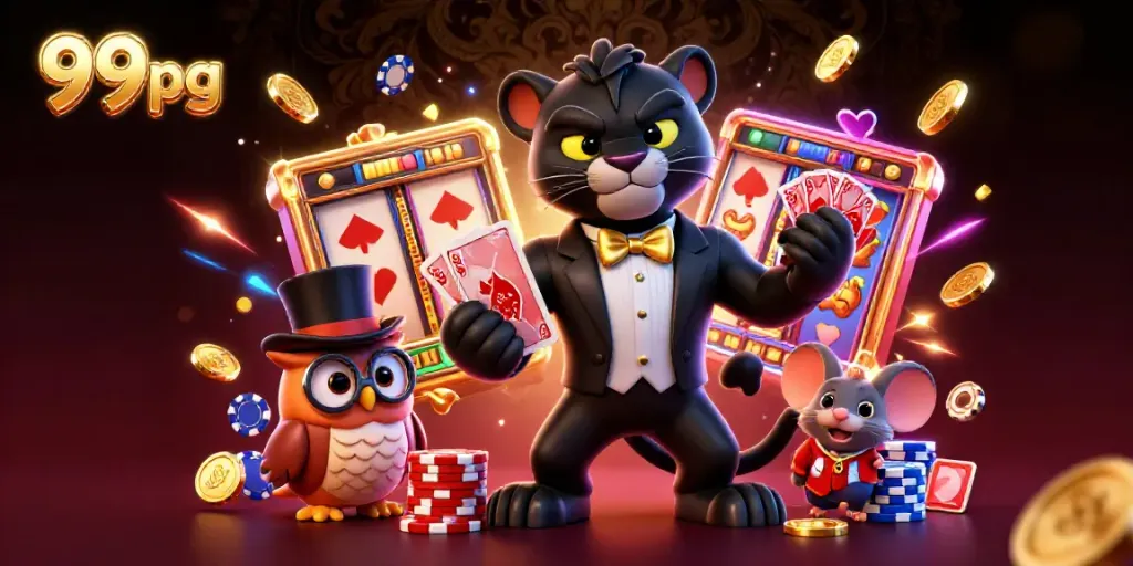 Engaging 99pg image showcasing a black panther dealer and characters amidst vibrant casino elements.
