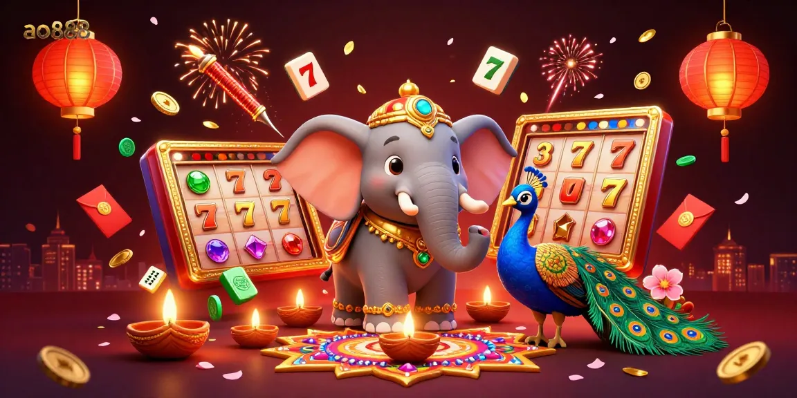 Spin engaging slots and win big with ao888 in a vibrant Diwali-themed 3D casino scene.