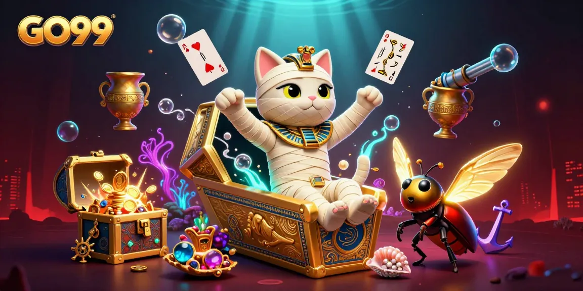 Experience thrilling gameplay with GO99 featuring a mummy cat and glowing scarab in a vibrant casino scene.