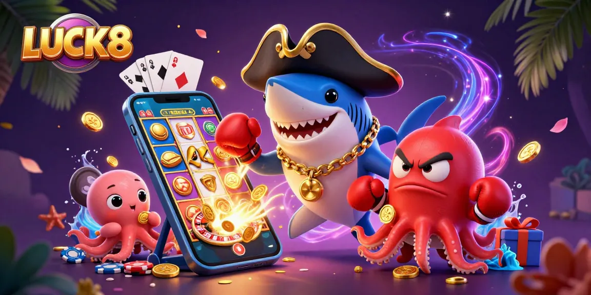 Engage with LUCK8 at a vibrant casino scene featuring a pirate shark and friends celebrating winnings.