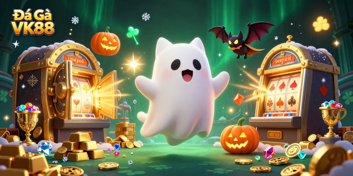 Engage in Đá Gà VK88 with vibrant casino atmosphere, featuring ghostly cat and treasures.