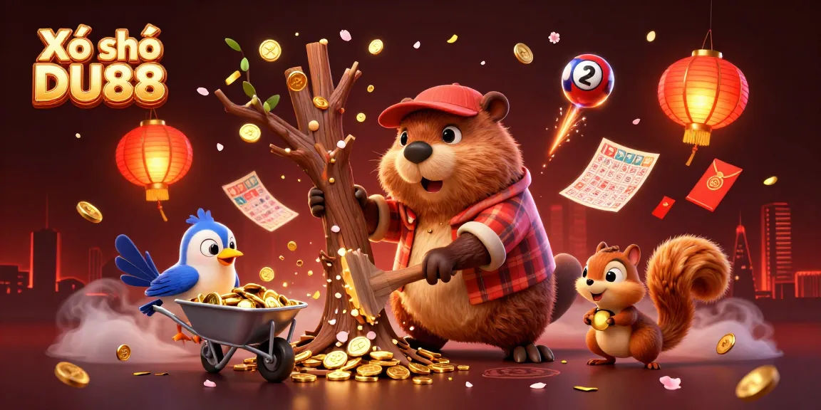 Xổ số DU88 offers thrilling lottery fun with vibrant characters collecting golden coins and prizes.