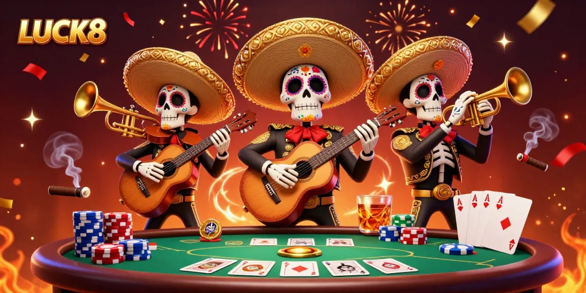 Engage in thrilling gameplay at LUCK8 with colorful Day of the Dead casino illustration.