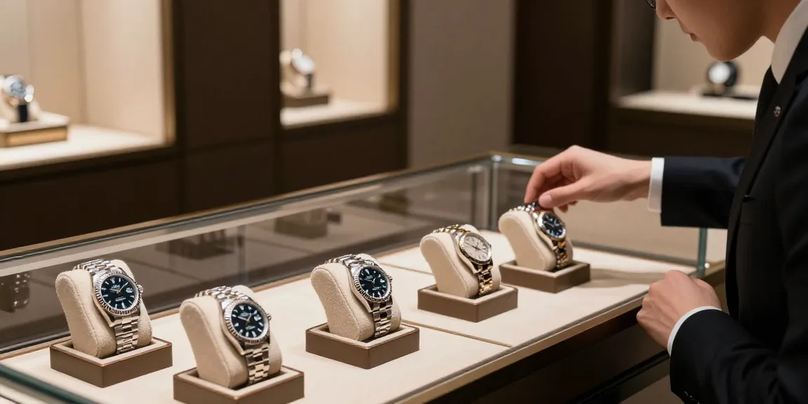Showcase of Rolex super clone watches in an elegant luxury store, highlighting their intricate details and craftsmanship.