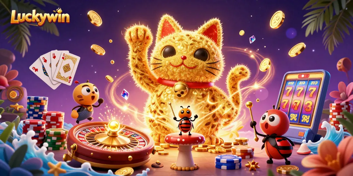 Experience luck and excitement with Luckywin's vibrant 3D casino illustration featuring a whimsical lucky cat.
