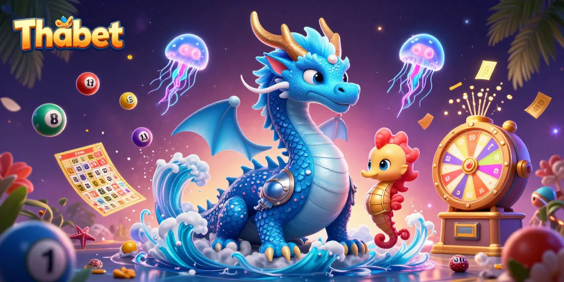 Thabet showcases vibrant lottery action with a 3D dragon and seahorse in a magical setting.