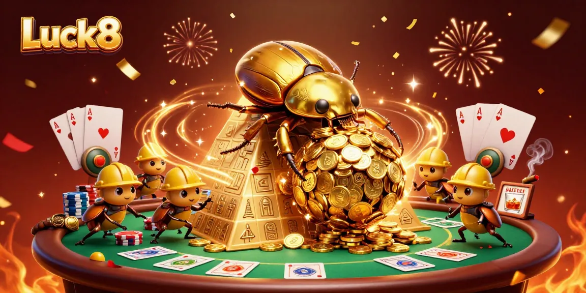 Experience the excitement of Luck8 with a vibrant 3D scene featuring golden beetles and dynamic casino elements.