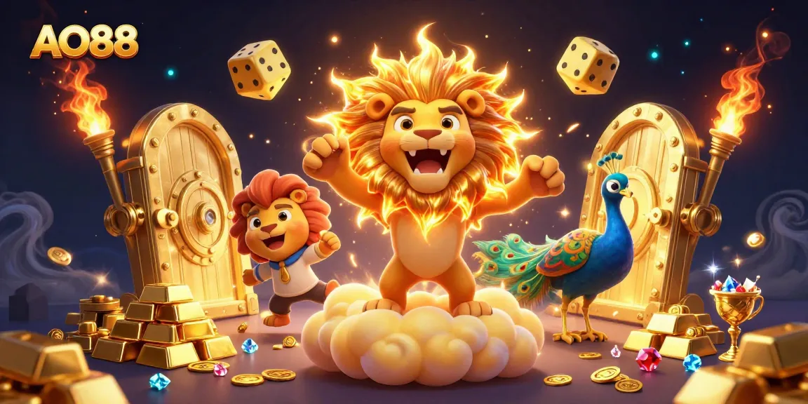 Spin the reels with AO88 in a vibrant 3D casino illustration featuring gold treasures and epic fun.