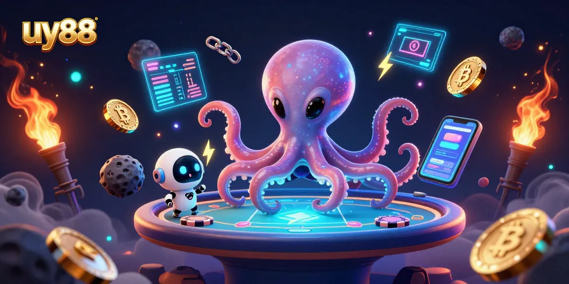 Experience casino excitement with uy88 as an alien octopus operates a holographic poker table.