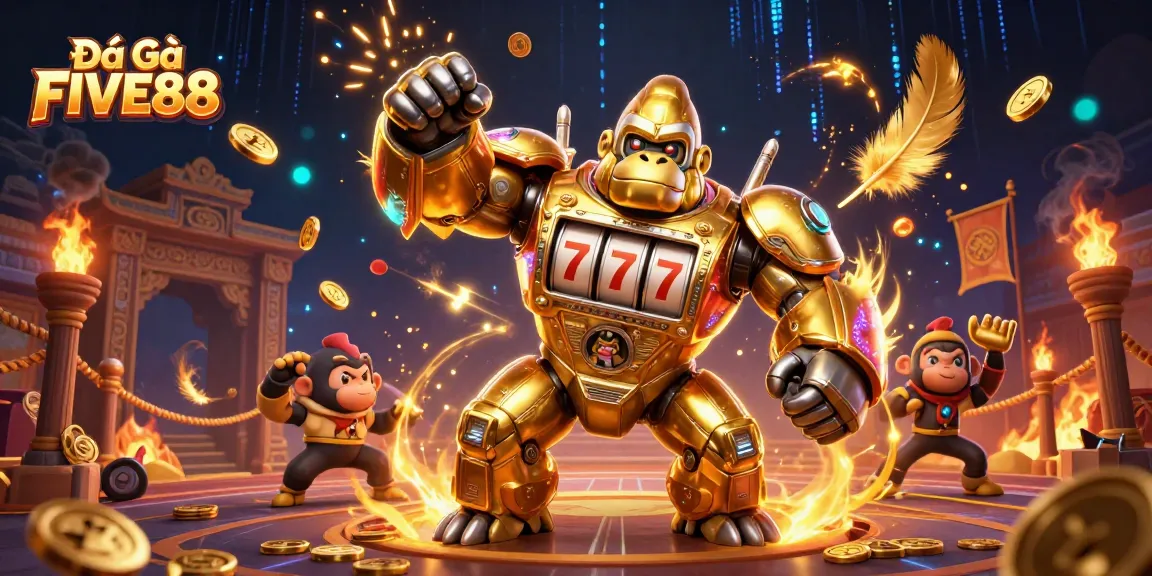 Experience intense Đá Gà FIVE88 action with vibrant battle scenes and dynamic elements in this 3D illustration.
