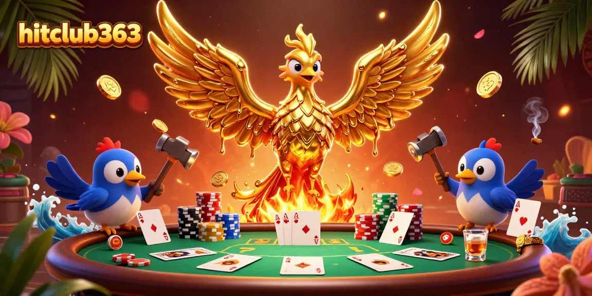 Engage with hitclub363's vibrant casino illustration featuring a golden phoenix and poker elements.