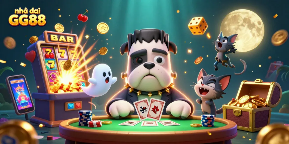 Engaging scene of Nhà cái GG88 featuring a Frankenstein bulldog and lively casino games.