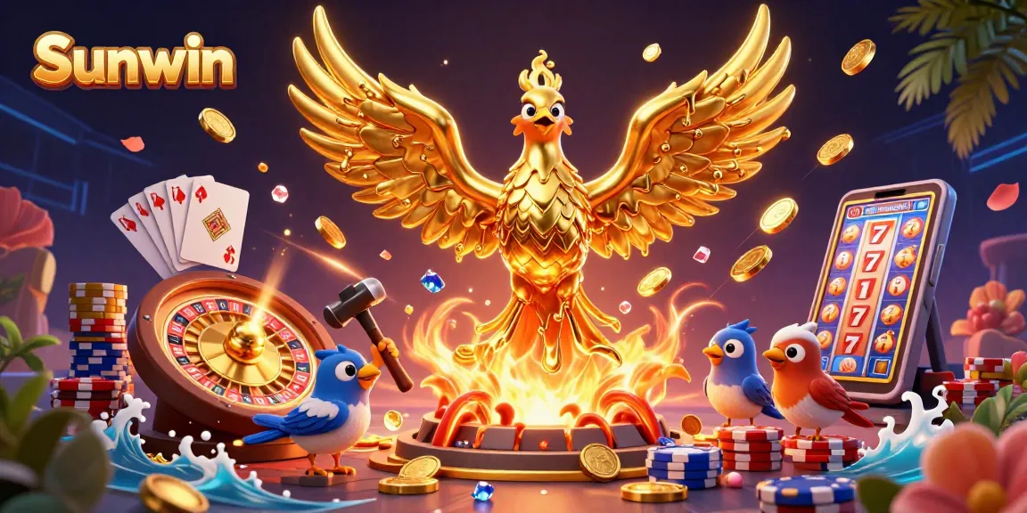 Experience thrilling wins at Sunwin with a vibrant 3D casino scene filled with symbols of luck and fortune.