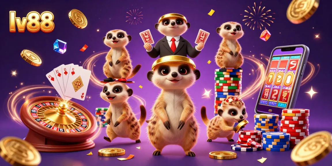 Experience the excitement of lv88 with a lively meerkat casino scene featuring games and treasures.