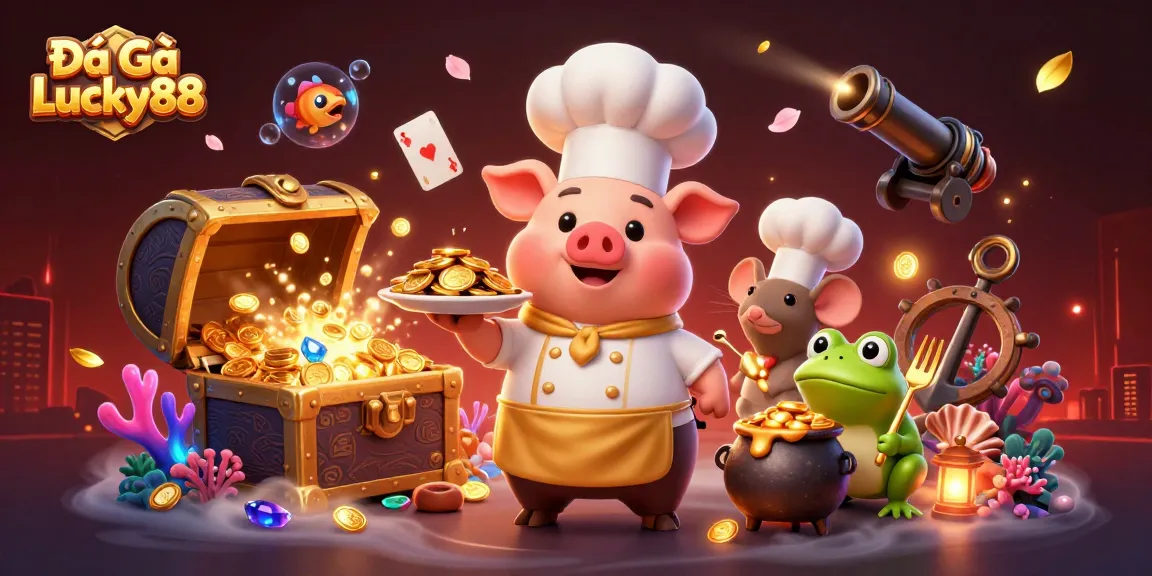 Engage in thrilling Đá Gà Lucky88 action with a lively 3D chef pig scene filled with gold and excitement.