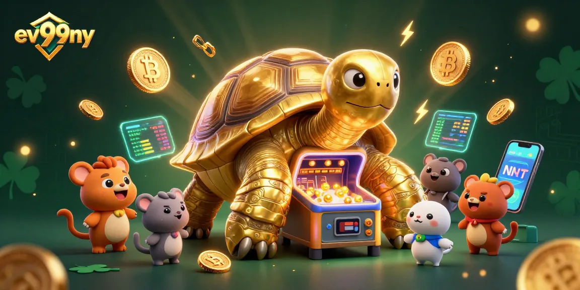 Experience thrilling gameplay with ev99ny's vibrant 3D casino illustration showcasing excitement and crypto elements.