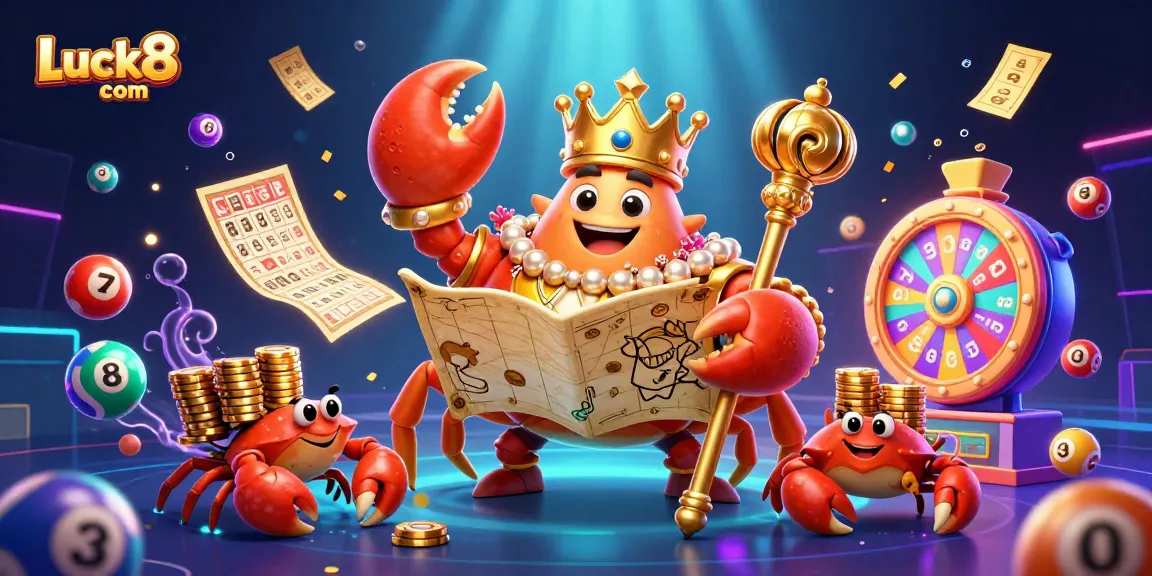 Engage with Luck8 com's vibrant casino scene featuring a golden crab emperor and lottery elements dynamically displayed.