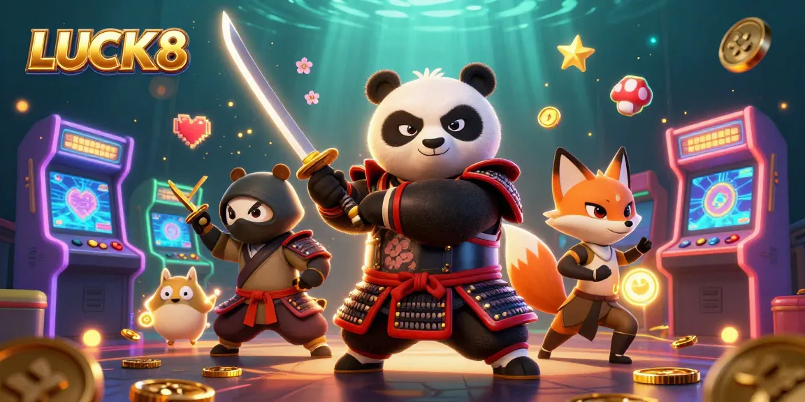Engage in thrilling gameplay with LUCK8 in an energetic 3D casino featuring samurai panda and ninja fox.