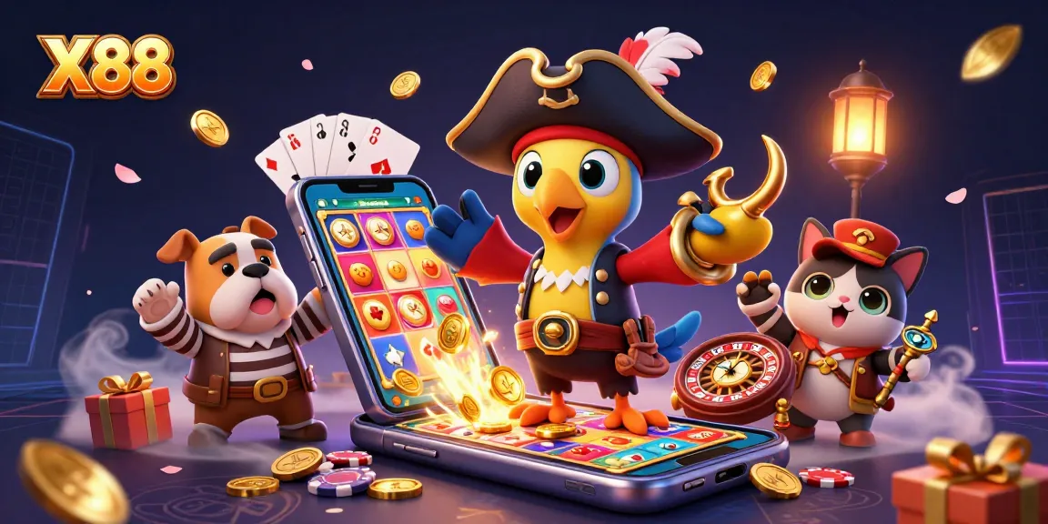 X88 pirate theme captures thrilling gameplay excitement among slot games and card elements.