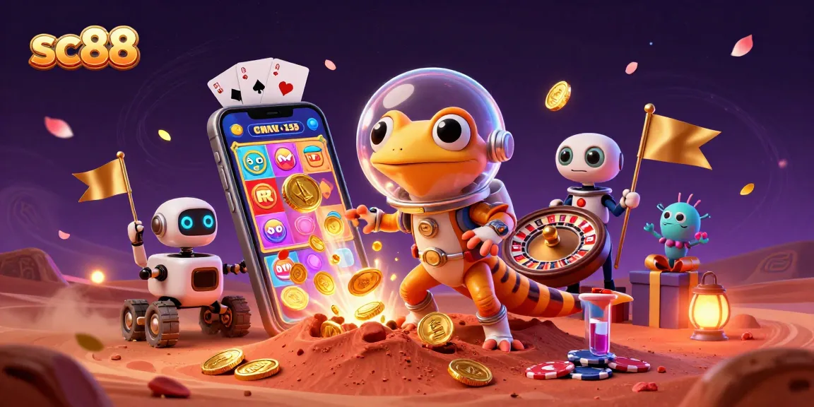 Experience the thrilling world of sc88 with a Martian gecko discovering a golden casino surrounded by exciting gaming elements.
