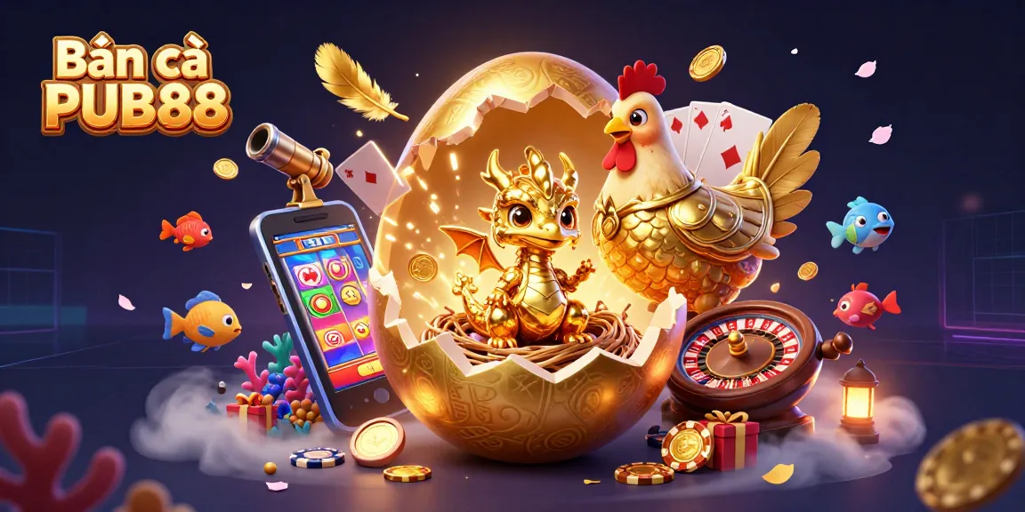 Bắn cá PUB88 showcases a golden dragon and poker chips, highlighting epic gaming adventures.