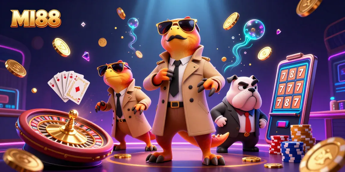 Experience the excitement at MI88 with dynamic casino elements and playful raptors in a trench coat.