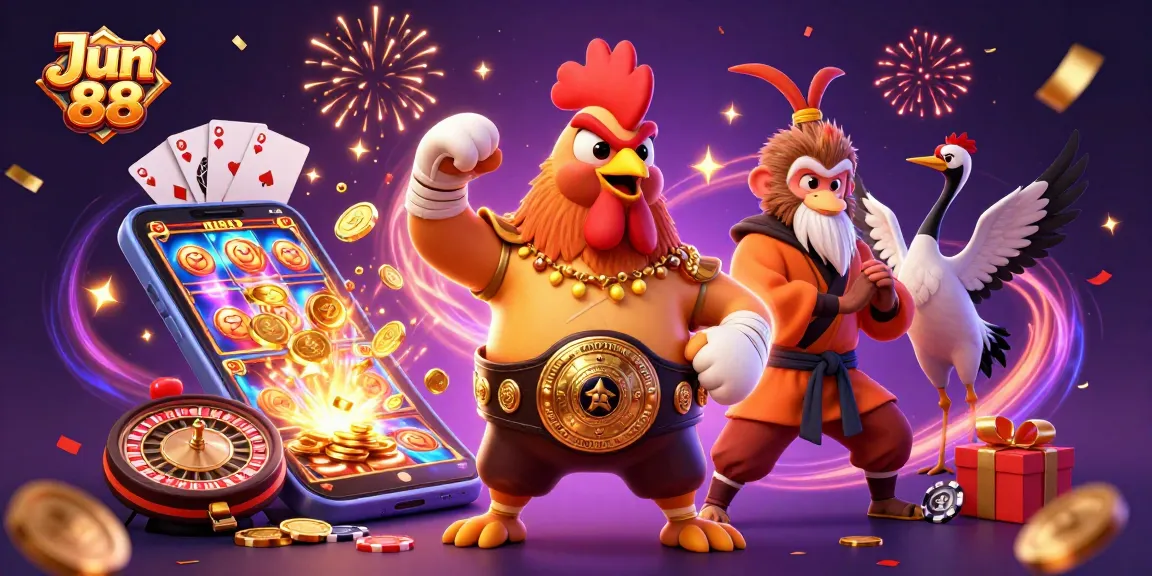 Engage with Jun 88's thrilling rooster and monkey characters amidst casino games.