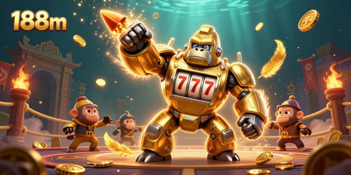 Experience thrilling wins at 188m with a vibrant 3D casino scene featuring a golden gorilla mech.