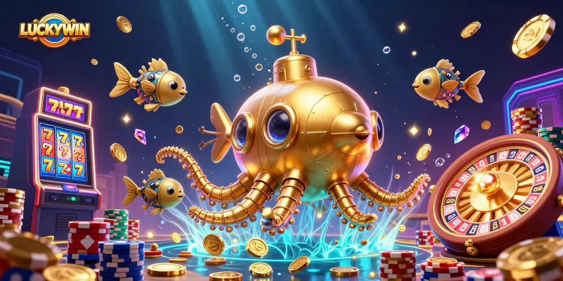 LUCKYWIN showcases thrilling gameplay with a golden kraken submarine, coins, and slot reels.