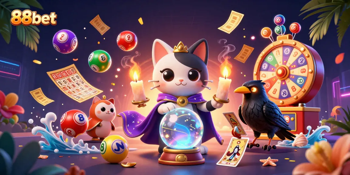 Engage with 88bet's dynamic gaming scene featuring lively tarot elements and colorful lottery visuals.