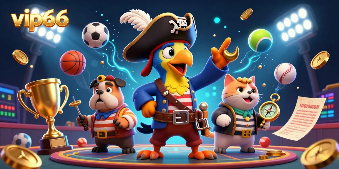 Betting on vip66 with a dynamic scene of a pirate parrot, bulldog, and cat guiding players through an energetic sports betting atmosphere.