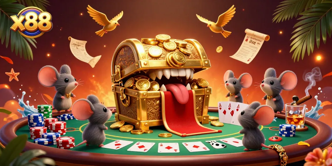 Engage with x88's thrilling casino scene showcasing adventure mice drawn to a golden treasure chest.