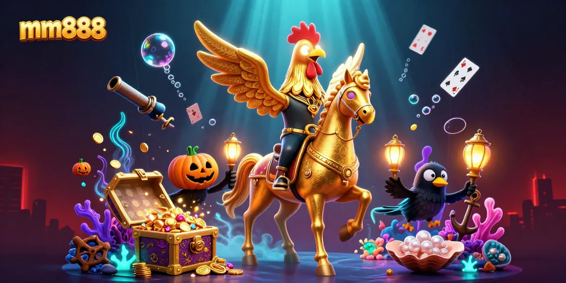 Engage with exciting mm888 casino action featuring a golden rooster and floating treasure elements.