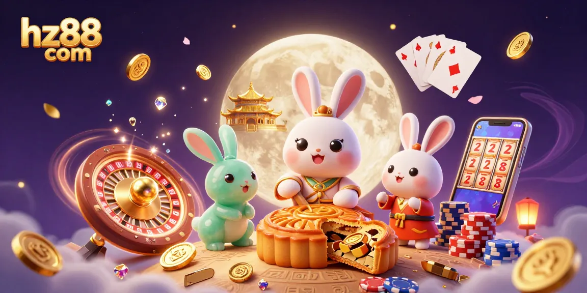 Win big at hz88 com with a vibrant moon rabbit scene illustrating poker chips and games.